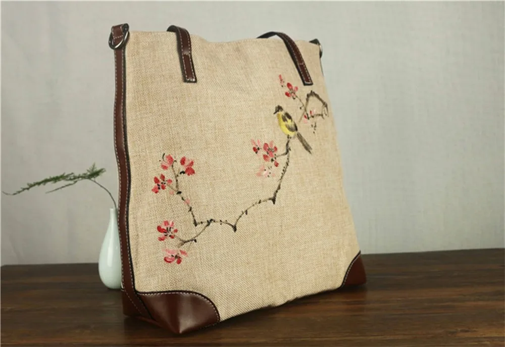 Китайский национальный стиль Холщовая Сумка через плечо PU ручная роспись Цветок