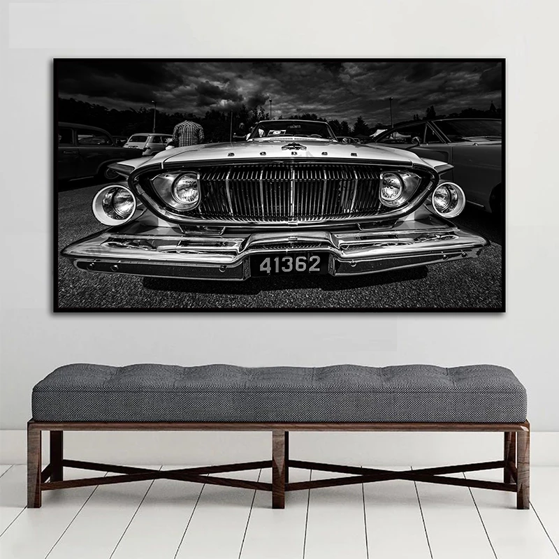 Винтажный Черный Белый США Авто Oldtimer Pkw ретро автомобиль печать на холсте