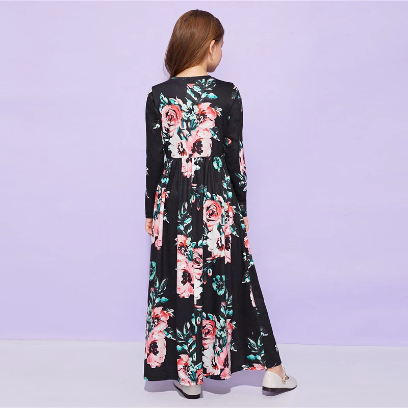 SHEIN Kiddie/милое длинное платье с цветочным принтом для девочек; детская одежда; коллекция года; весенние Повседневные детские длинные расклешенные платья с длинными рукавами