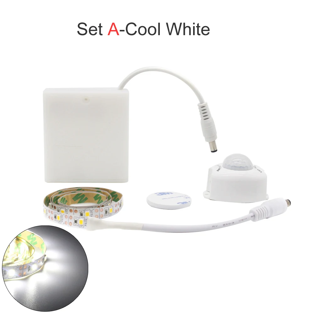 Set A Cool White Светодиодная лента с питанием от аккумулятора, датчик движения, 5 В, SMD 2835, 5 м, Светодиодная лента с питанием от аккумулятора, инфракрасная Светодиодная лента, инфракрасный шкаф, ночник - Испускаемый цвет: Set A Cool White