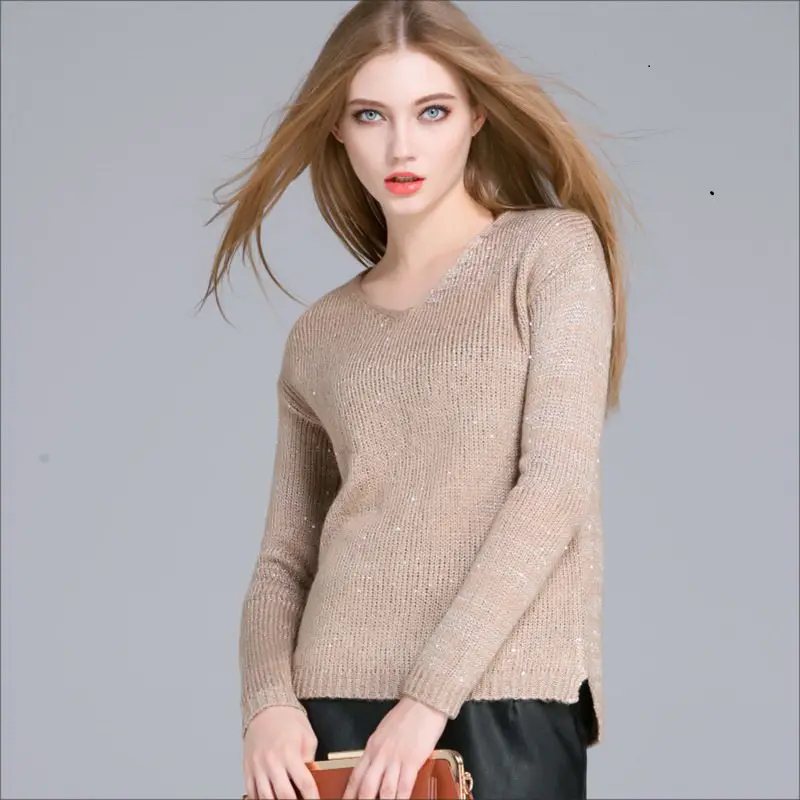 Charming Lady Women Pullover Acrylic Sequined Knitted Elegant Sweater O-Neck Long Sleeve Asymmetric Hem Pullovers Jumper M463Z | Женская