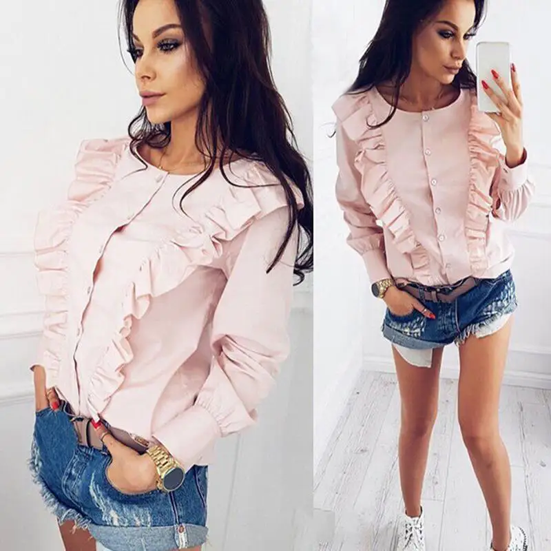 Женская рубашка с оборками и длинным рукавом круглым вырезом|long sleeves women blouse|women