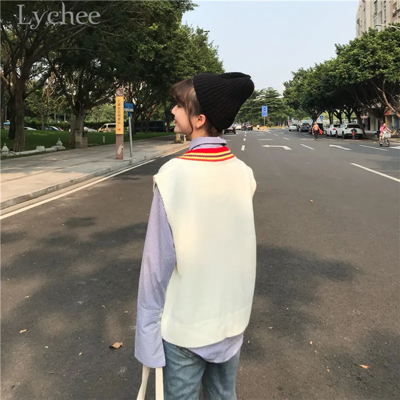 Женский трикотажный жилет Lychee в радужную полоску повседневный Свободный Топ без