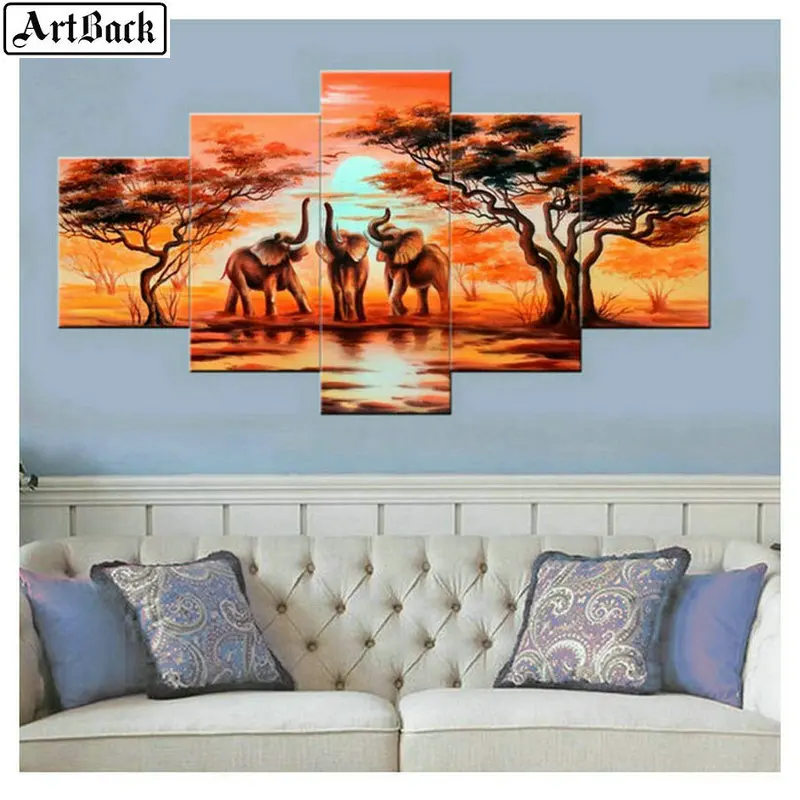 5 заклинание алмазов картина Elephan закат Дерево пейзаж полная квадратная Алмазная