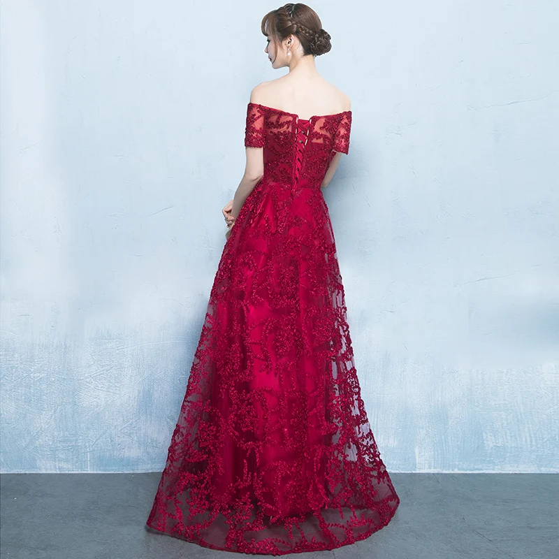 Noble Women Off Shoulder Full Length Appliques Cheongsam Elegant Evening Party Gowns Royal Classic Red Bridesmaid Wedding Dress |