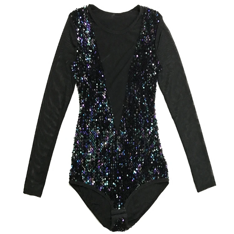 Женское блестящее черное эполетное боди с блестками сексуальный комбидресс для