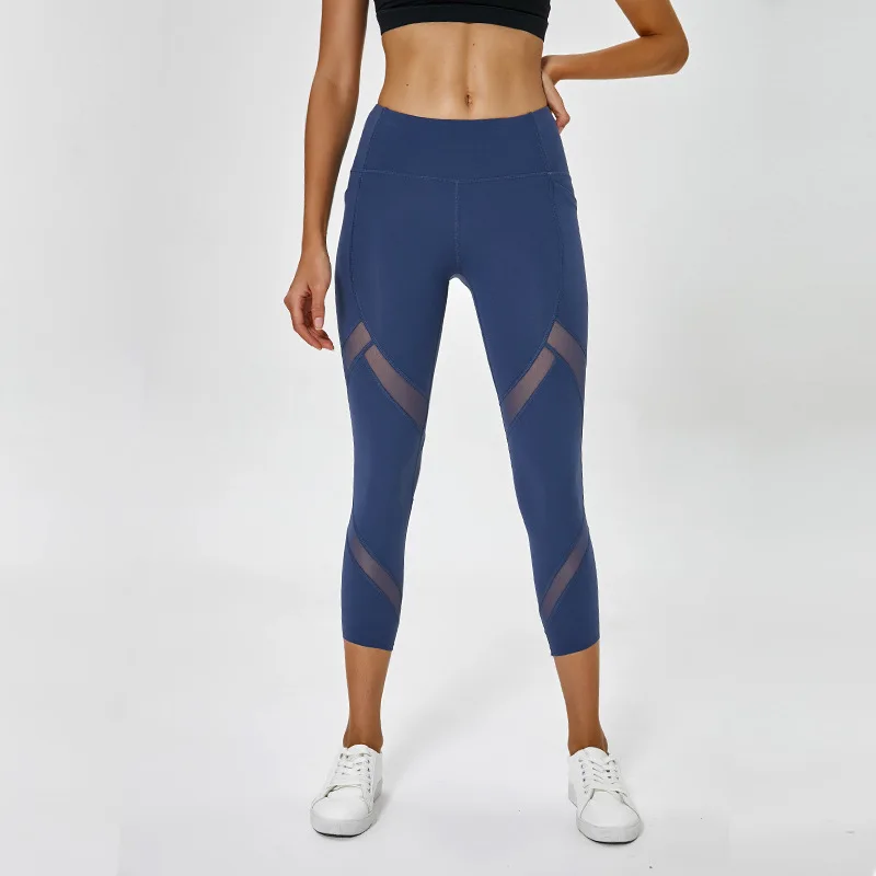 Женские уличные эластичные супер мягкие 3/4 длина Dri Fit тренировки Крест Fit Фитнес хип-хоп леггинсы с боковыми карманами - Цвет: Синий