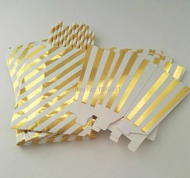 

Metallic Gold Favor Paper Straws,Chevron Striped Dot Wedding Gift Paper Bags, Gold Theme Birthday Party Decor Popcorn Boxes