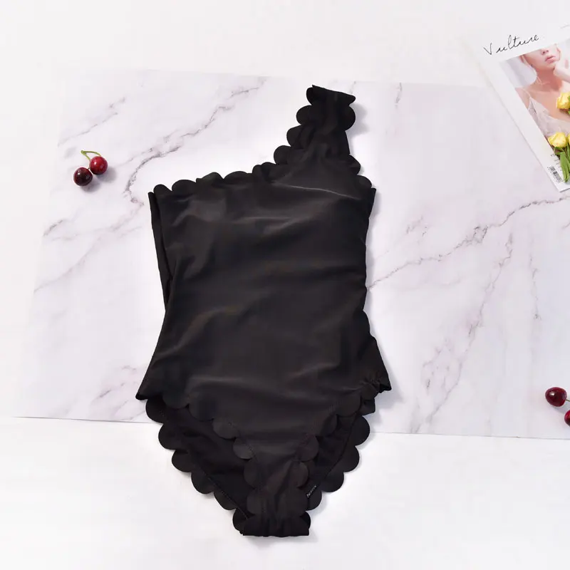 

Women Vintage One Piece Swimsuit Scalloped Trim One Shoulder Bikini Bathing Suit Solid Black Low Back Padded Monokini Swimming