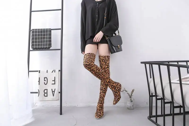 SIMLOVEYO Winter Autumn Winter Stretch Thigh high boots Leapord Strange heel Suede leather Round toe Slip on Shoes women Size 44
