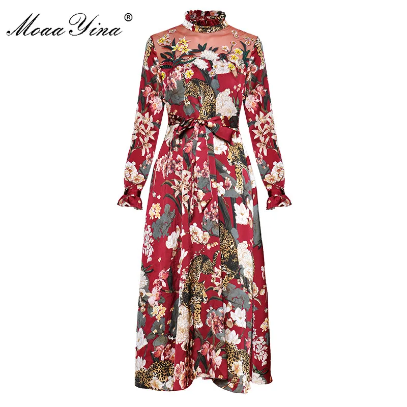 MoaaYina животного Floral Print Стенд воротник с длинным рукавом сетки вышивка алмаз узкие