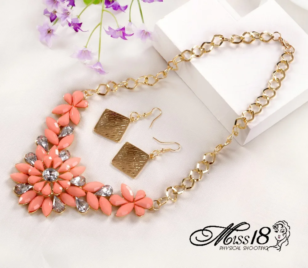 Hot Selling 2014 women jewelry set fashion 3D flower statement necklaces for girls including earring 4color choice JSH 0022|necklace men|necklace