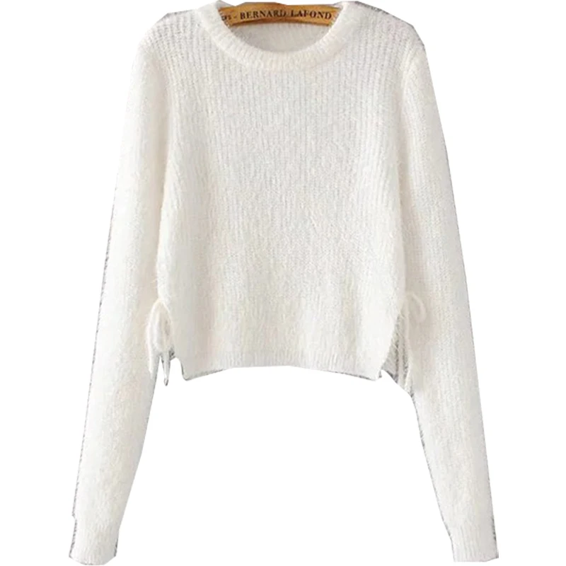 2017 короткий вязаный женский свитер и пуловеры с круглым вырезом сплошного цвета