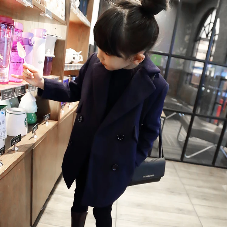 Двубортное приталенное шерстяное пальто для девочек на весну и осень детская