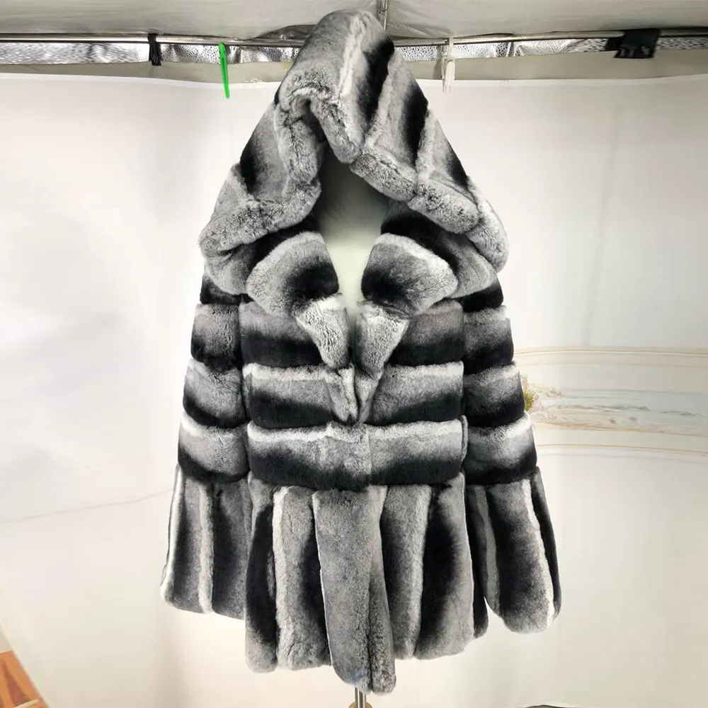 hooded 70cm Модные стильные шубы из натурального меха шиншиллы и кролика Рекс, длинные шубы для женщин, теплые толстые меховые куртки и пальто с отложным воротником - Цвет: hooded 70cm
