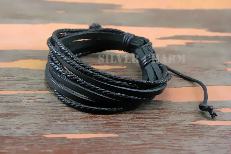 Мужской кожаный браслет черный и коричневый с веревкой WEV0246|bracelet leather|bracelets forbraided