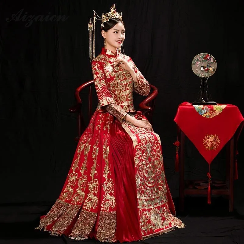 Chinese Traditional Dress Qipao Red Long Sleeve Cheongsam Embroidery Oriental Dresses Wedding Gowns Robe Orientale Vestido Chino |