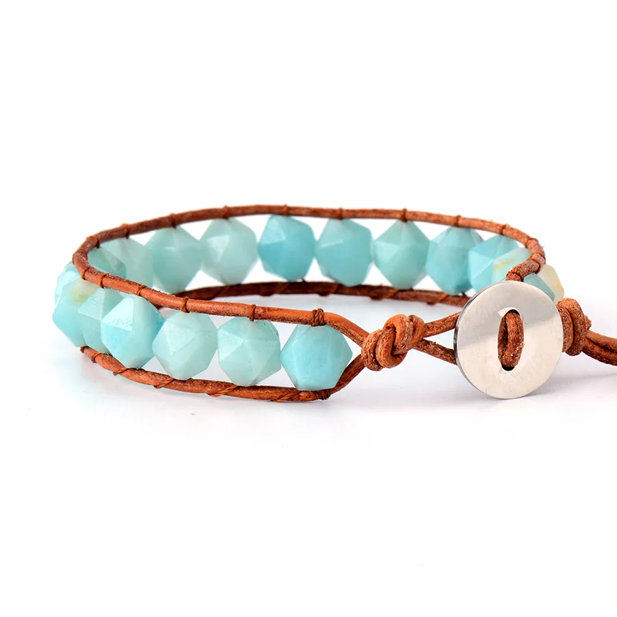 Новый DIY натуральная кожа Amazonite браслеты с бусинами из натурального камня