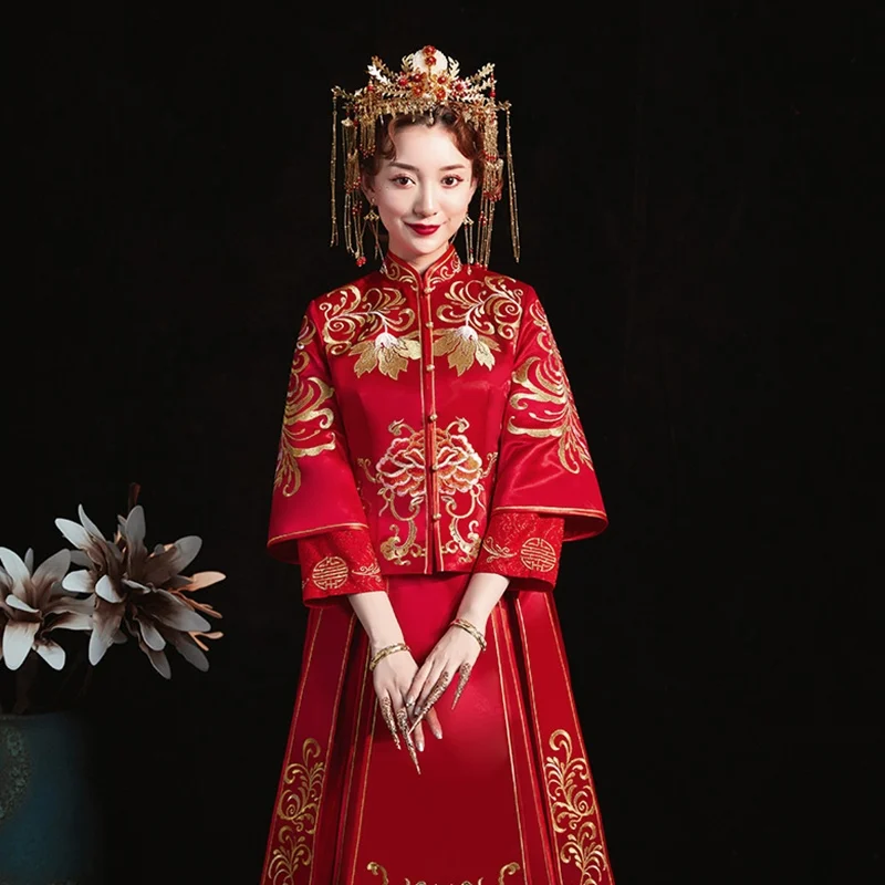 Традиционное китайское свадебное платье Cheongsam с длинным рукавом халат вышивкой