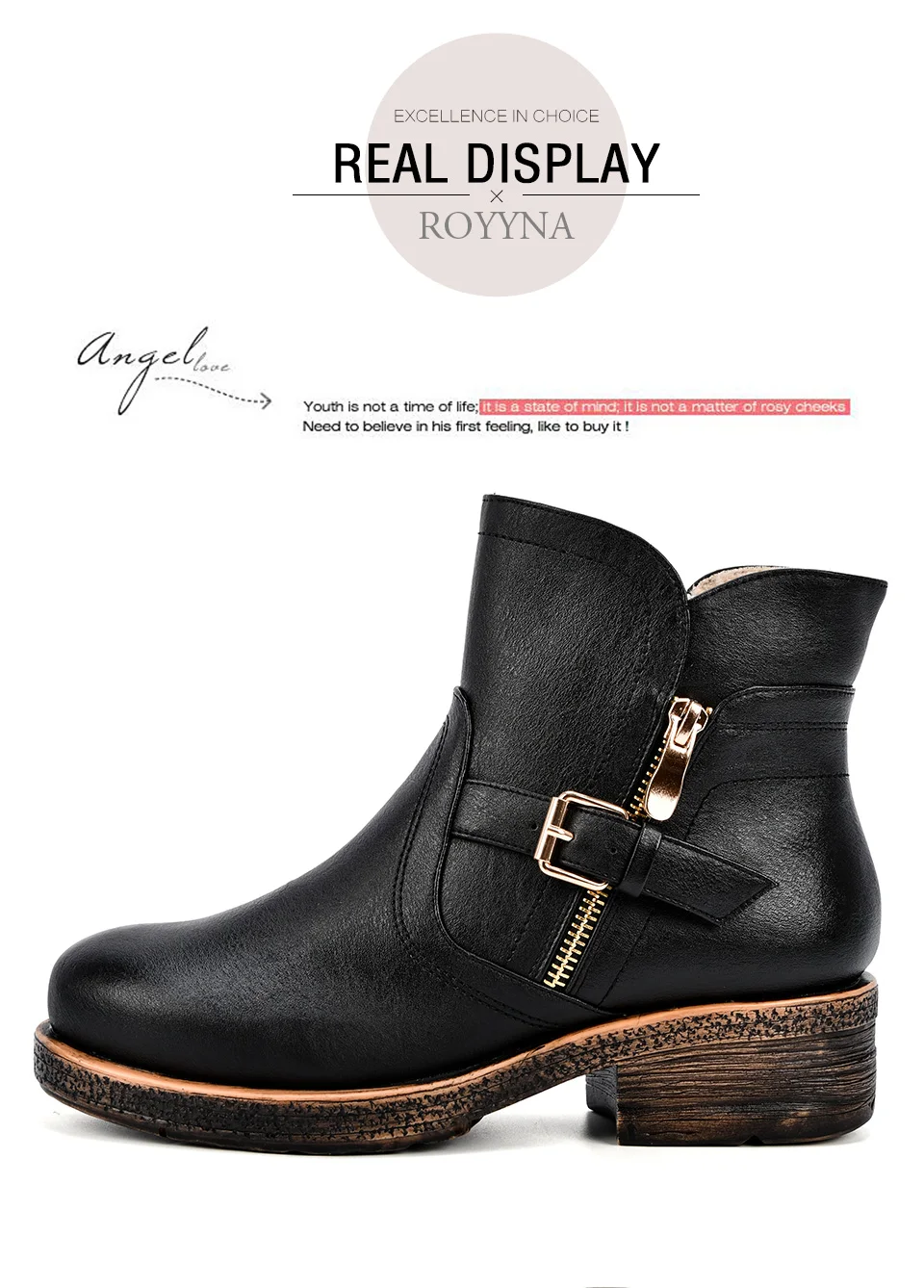 ROYYNA/женские ботильоны; коллекция года; сезон осень-зима; женская повседневная обувь; женская обувь на плоской подошве; модная однотонная обувь на платформе с круглым носком и пряжкой на ремешке