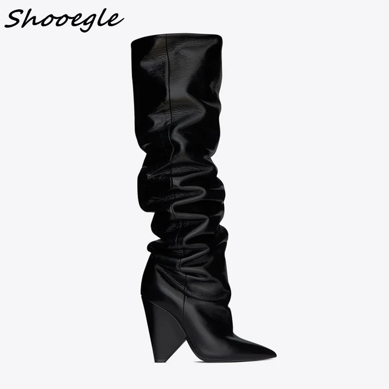 Брендовая Дизайнерская обувь SHOOEGLE черные кожаные сапоги до колена женские на