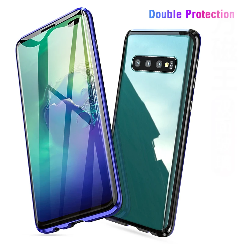 Двухместный Закаленное Стекло S10plus чехол для samsung Galaxy S10 S8 S9 плюс S10E примечание 9 8 магнитных металлический каркас адсорбции крышка