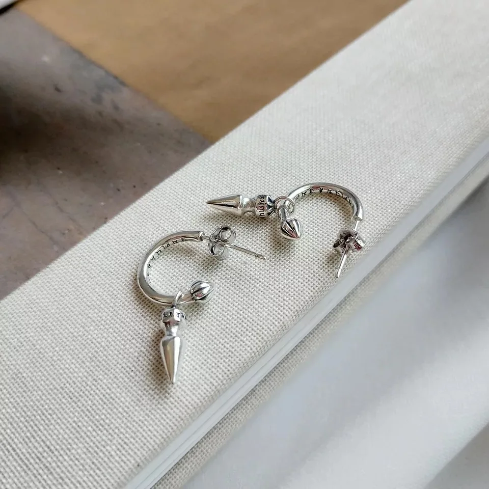 1 pair Серьги из стерлингового серебра 925 пробы, оригинальные трендовые короткие серьги в форме конуса, ретро серьги для диких мужчин, женщин, мальчиков и девочек, серебряные серьги, ювелирные изделия - Окраска металла: 1 pair