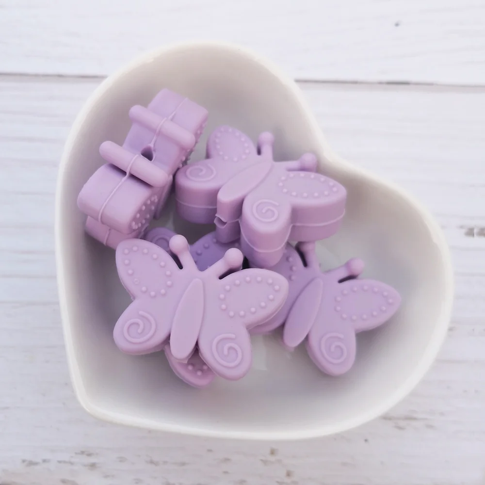purple 10 шт. Силиконовые Прорезыватели в форме бабочек, Бисероплетение без бисероплетения, сделай сам, свободные бусины для прорезывания зубов, ожерелье в форме животного, держатель для соски, аксессуары - Цвет: purple