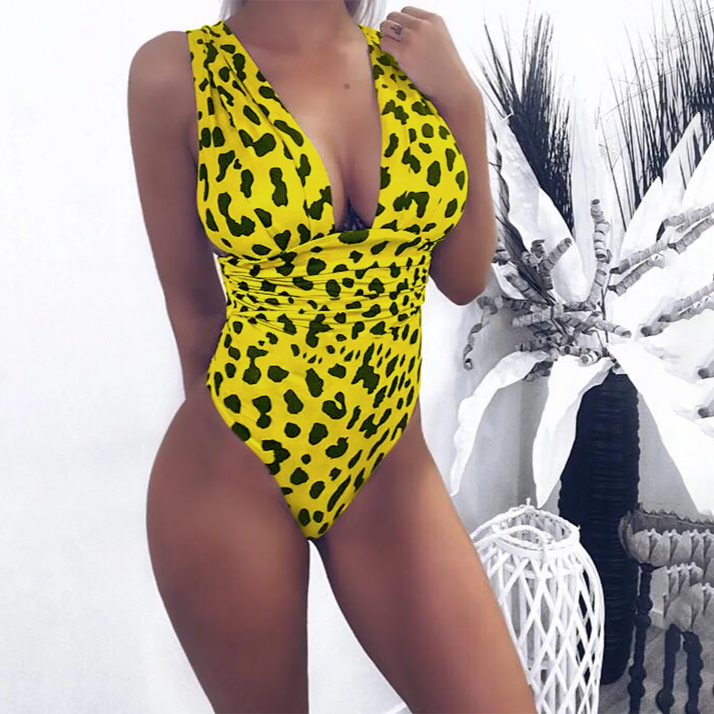 Женское бикини с глубоким v образным вырезом и леопардовым принтом цельные