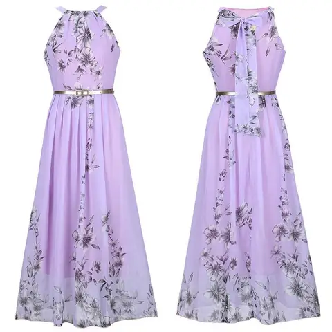 Женское шифоновое платье с цветочным принтом, длинное пляжное платье-макси с лямкой на шее, Элегантный Повседневный сарафан в богемном стиле на лето