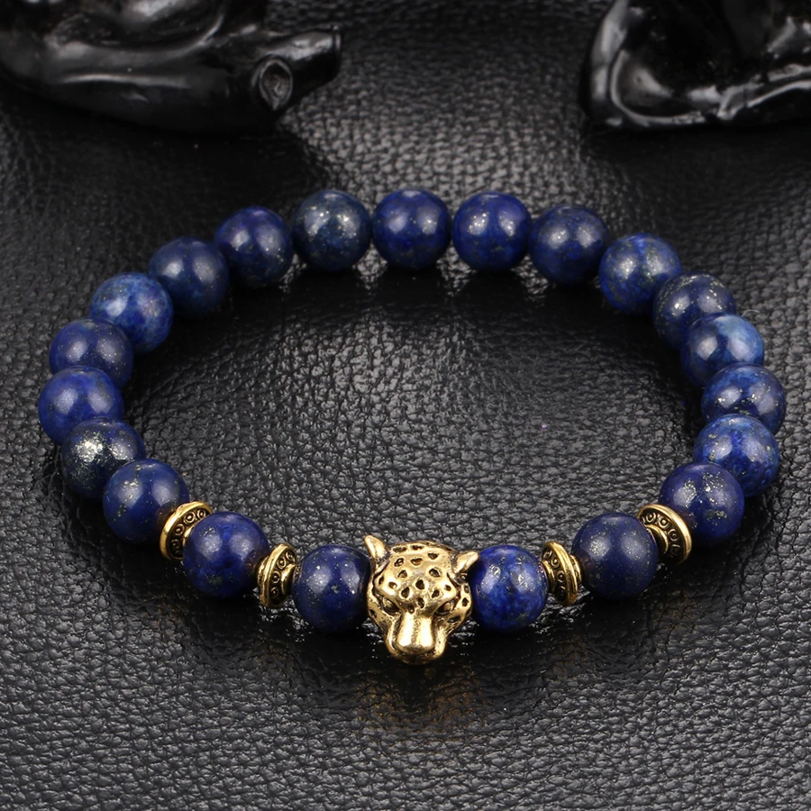 

Natural Lapis Lazuli Tiger Eye Beads Bracelets Leopard Lion Elasticity Charm Bracelets Men Accessories