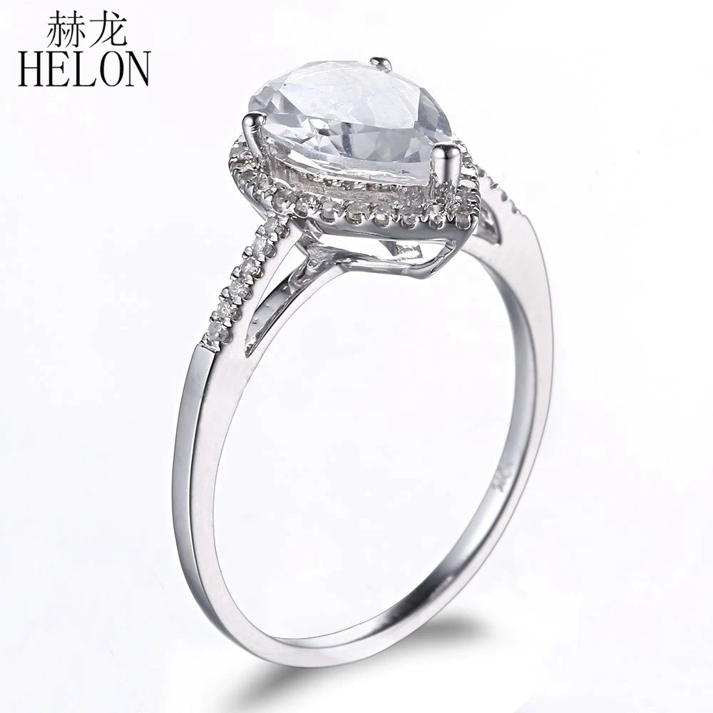 

HELON Real 14k White Gold Pear Cut 10x7mm 3ct Natural White Topaz Pave 0.2ct Diamond Ring Women Engagement Wedding Fine Jewelry