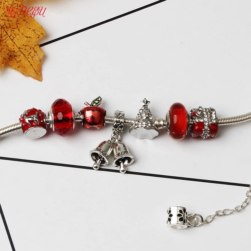 MaHeu Safety Clasp Charm Bracelets Silver Exquisite Red Crystal Beads Bells Pendant Christmas Tree Bead Fit Gift For Women&ampGirl |