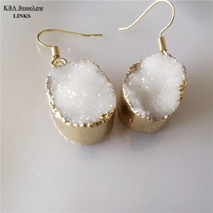 Женские серьги Крючки Geode Nature Druzy белые кварцевые из драгоценного камня и
