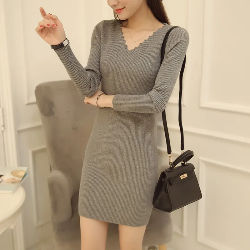 Женский пуловер с длинным рукавом Облегающее вязаное платье-свитер в Корейском