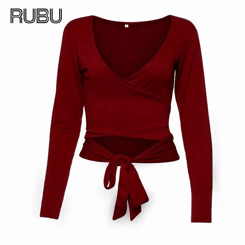 Rubu Женщины Crop Футболки Лето 2017 г. Новая мода длинный рукав и v образный вырез