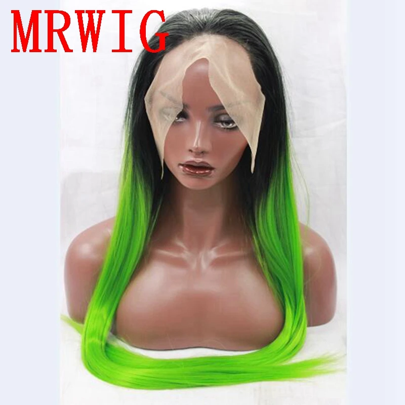 MRWIG длинный прямой черный Омбре зеленый свободная часть синтетический