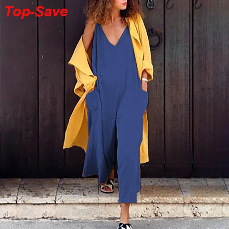 Женский свободный комбинезон с большим карманом и глубоким v образным вырезом