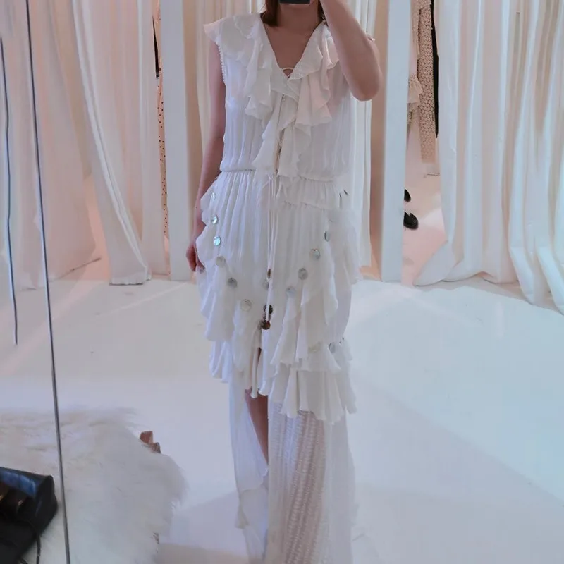 Платье без рукавов TWOTWINSTYLE с высокой талией и оборками|Женские платья| |