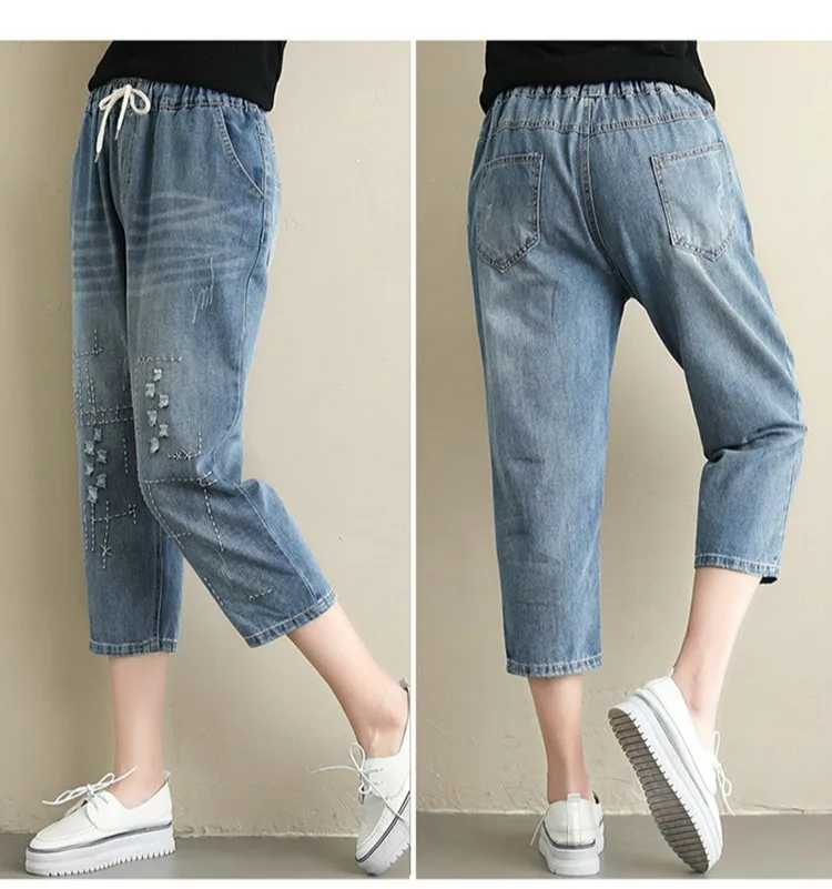 

Denim Jeans For Woman Fashion Ripped Hole Capris Jeans Women Elastic Waist Calf-Length Capris Pants Women's Jeans Female