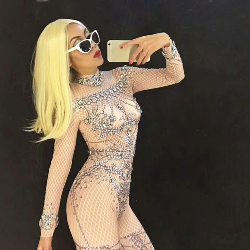 

New Sexy Rhinestone Bodysuit Full Of Sparkling Crystals Stones Jumpsuit Christmas Celebrate Performance Party Wear Women Outfit