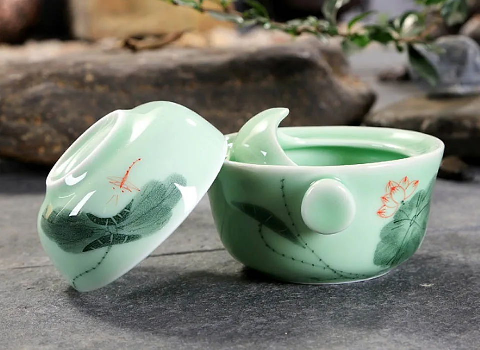 BORREY Celadon Gaiwan дорожный чайный сервиз, китайский фарфоровый чайный горшок, Набор чашек, керамический гайвань, чайный горшок, портативный чайный набор кунг-фу, Чайник Пуэр