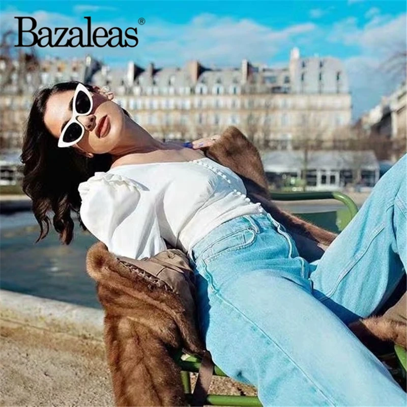 Bazaleas белые топы с открытыми плечами и пуговицами blusas Топ спереди блуза тонкие
