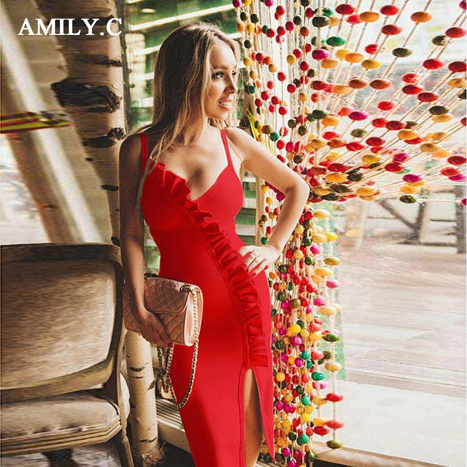 Amily.c 2020 New Spring Women Dress Strapless Sexy Bodycon Ruffle Bandage Celebrity Party Red Dresses Wholesale Vestidos | Женская