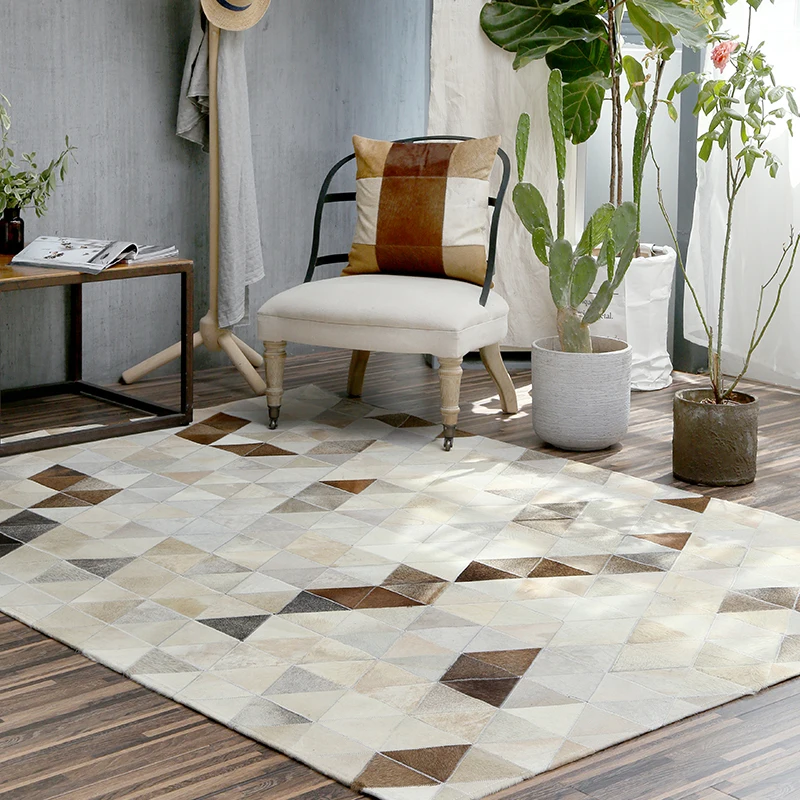 

New European Style Luxury Geometric Carpets Living Room Bedroom Tea Table Big Rug Hand-Stitched Rugs Cowhide Carpets