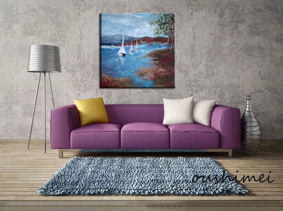 

Sight of Sail Boats on the Lake Surface Hand Painted in Impressionist Style With Changing Texture and Depth for Home Decoration