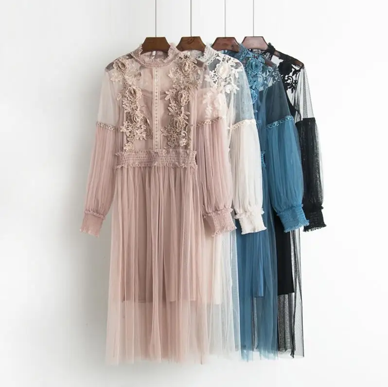 Платье женское Осеннее кружевное плиссированное с цветами|Женские платья| |