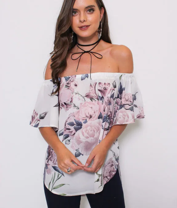 Футболка женская летняя с цветочным принтом и воротником-лодочкой | Женская