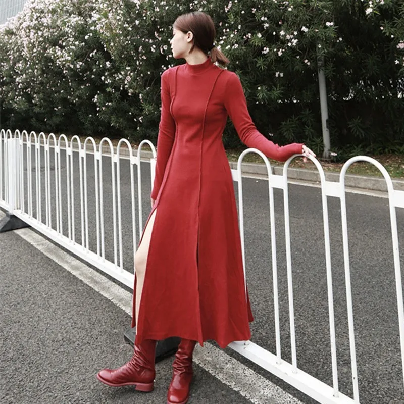 red TWOTWINSTYLE весеннее платье с высоким воротом, женское платье с длинным рукавом, плюс толстый разрез, Необычные платья, женская корейская модная одежда - Цвет: red