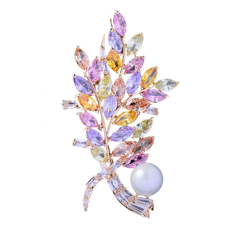 Trendy Elegant Jewelry Accessory Cubic Zircon Leafs Flower Brooches Pin Lady Scarf Buckle CZ Jewelry 2747
